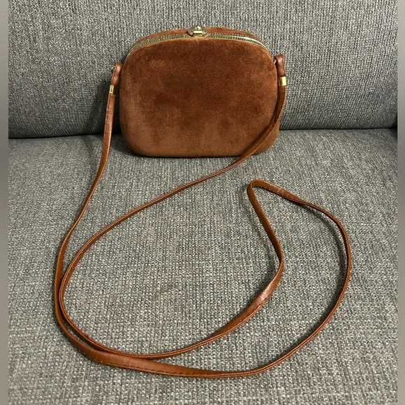 Brown Suede Crossbody Bag with clasp closure & gold hardware - Picture 7 of 11